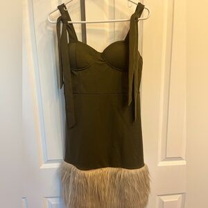 Olive green tie strap dress with faux fur trim